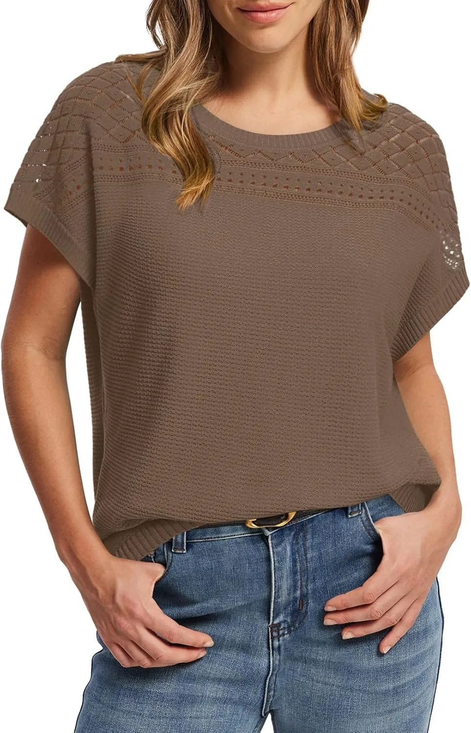 WIHOLL Short Sleeve Sweater for Women Crew Neck Spring Summer Tops 2025 Pointelle Knit Work Blouses Business Casual Outfits