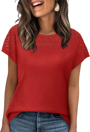 WIHOLL Short Sleeve Sweater for Women Crew Neck Spring Summer Tops 2025 Pointelle Knit Work Blouses Business Casual Outfits