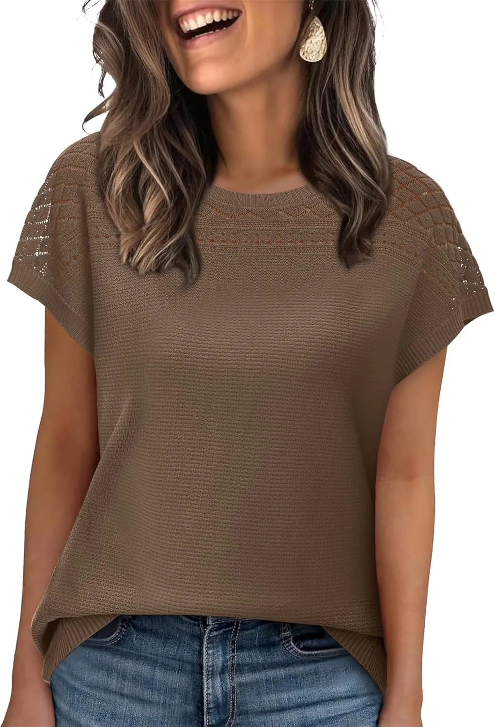 WIHOLL Short Sleeve Sweater for Women Crew Neck Spring Summer Tops 2025 Pointelle Knit Work Blouses Business Casual Outfits
