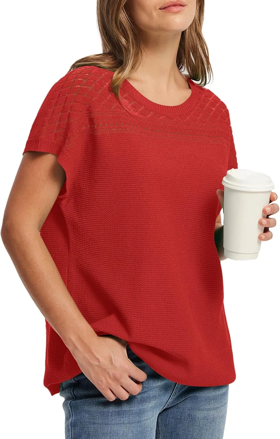 WIHOLL Short Sleeve Sweater for Women Crew Neck Spring Summer Tops 2025 Pointelle Knit Work Blouses Business Casual Outfits