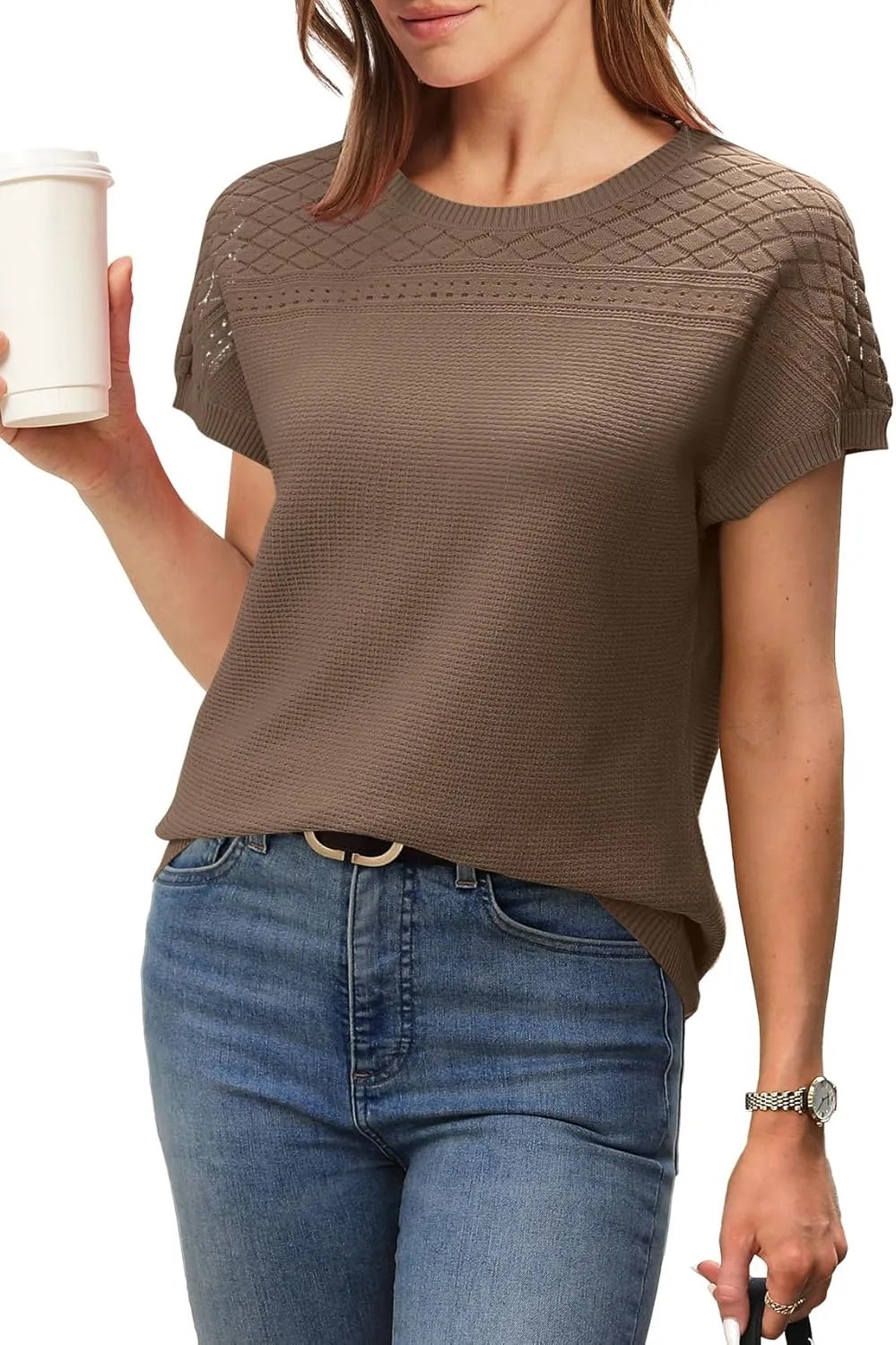 WIHOLL Short Sleeve Sweater for Women Crew Neck Spring Summer Tops 2025 Pointelle Knit Work Blouses Business Casual Outfits