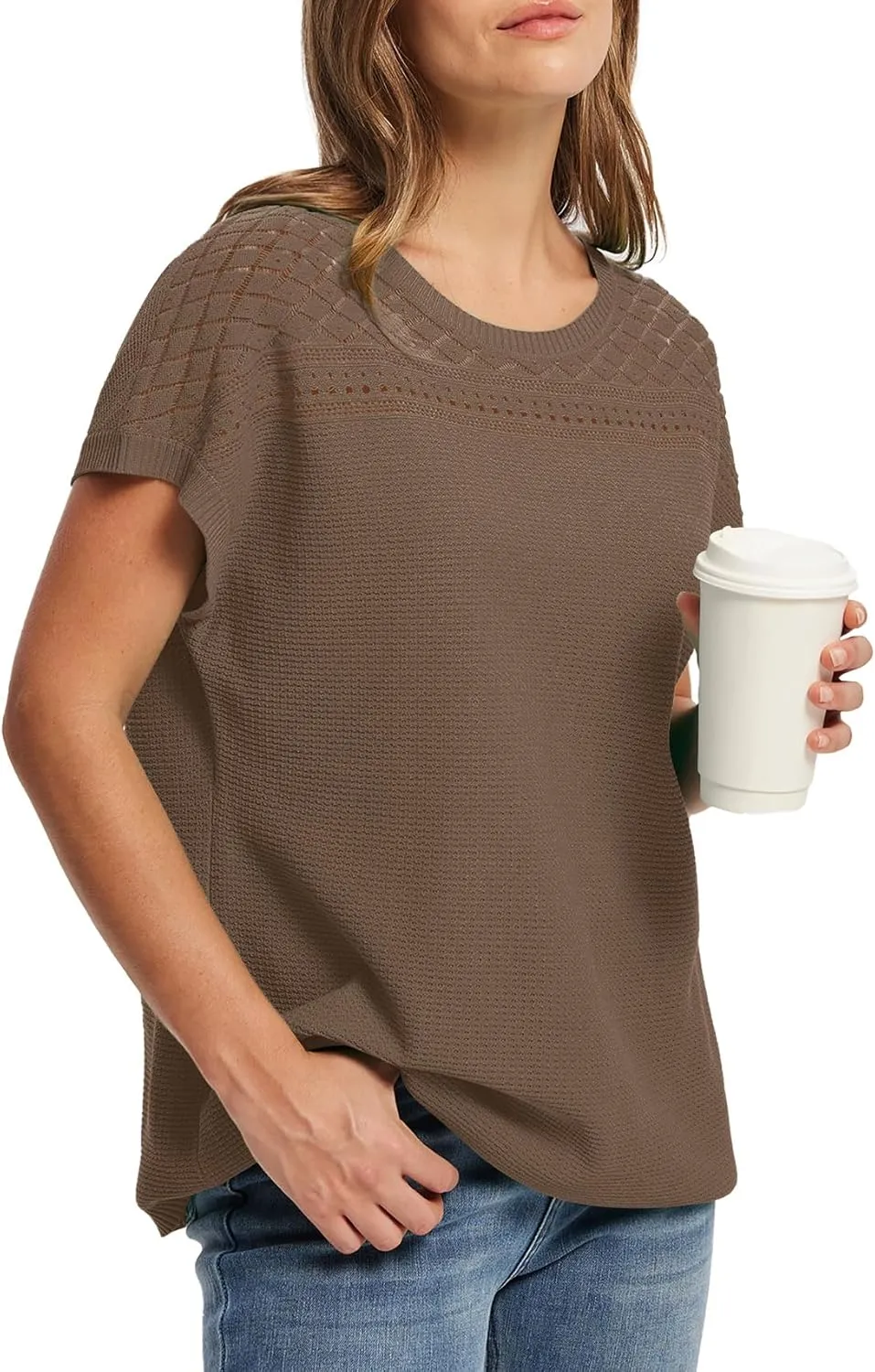WIHOLL Short Sleeve Sweater for Women Crew Neck Spring Summer Tops 2025 Pointelle Knit Work Blouses Business Casual Outfits