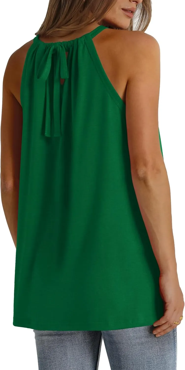 WIHOLL Summer Halter Neck Tank Tops for Women Pleated Loose Fit Sleeveless Tops Flowy