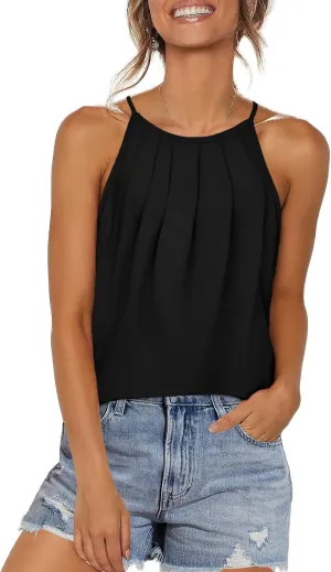 WIHOLL Womens Pleated Tank Tops Spaghetti Strap Camisole Halter Tops Curved Hem Fashion 2025