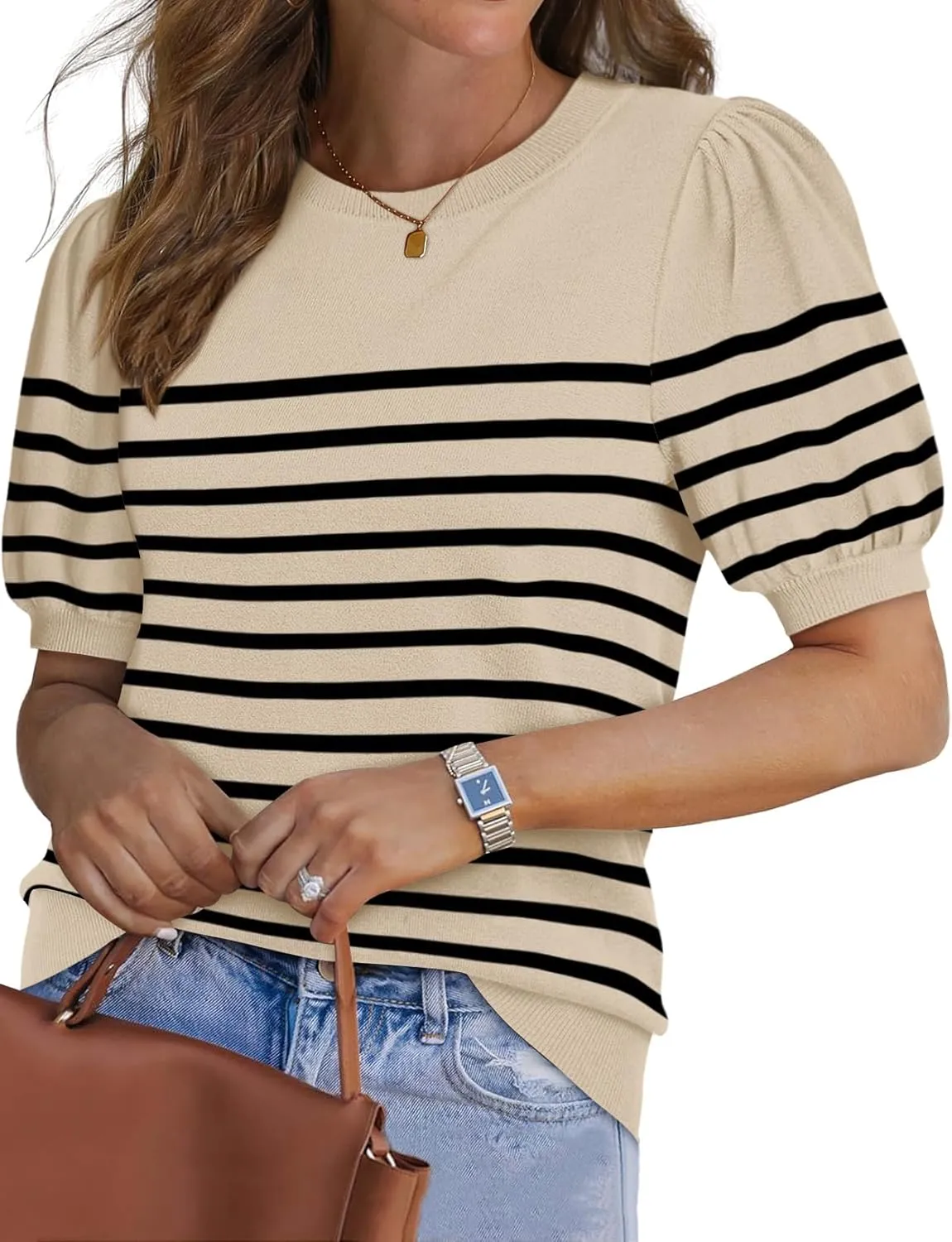 WIHOLL Women's Puff Short Sleeve Sweater 2025 Spring Summer Tops Trendy Business Casual Outfits Work Blouses Clothes