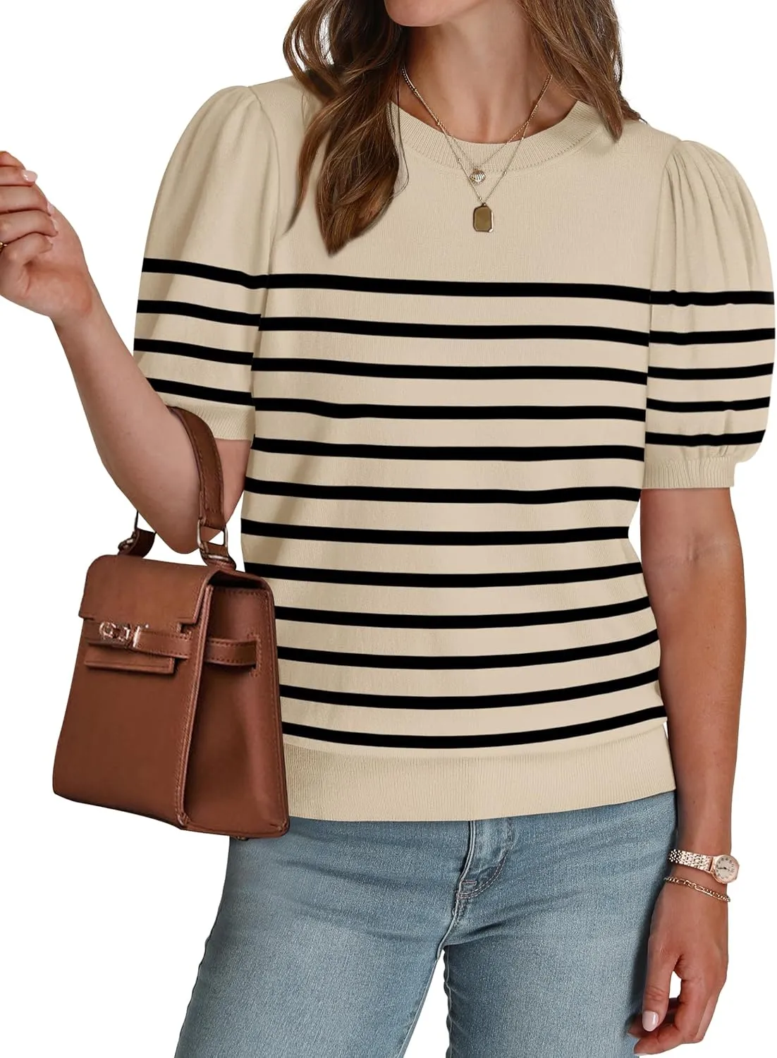 WIHOLL Women's Puff Short Sleeve Sweater 2025 Spring Summer Tops Trendy Business Casual Outfits Work Blouses Clothes