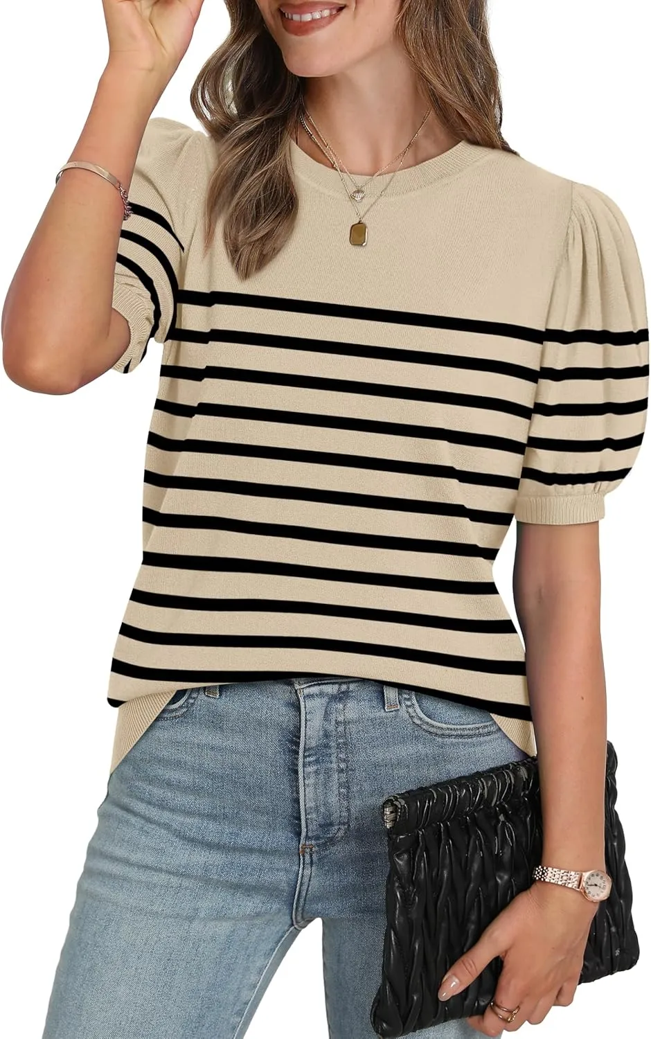 WIHOLL Women's Puff Short Sleeve Sweater 2025 Spring Summer Tops Trendy Business Casual Outfits Work Blouses Clothes
