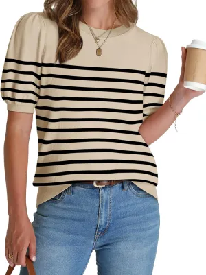 WIHOLL Women's Puff Short Sleeve Sweater 2025 Spring Summer Tops Trendy Business Casual Outfits Work Blouses Clothes