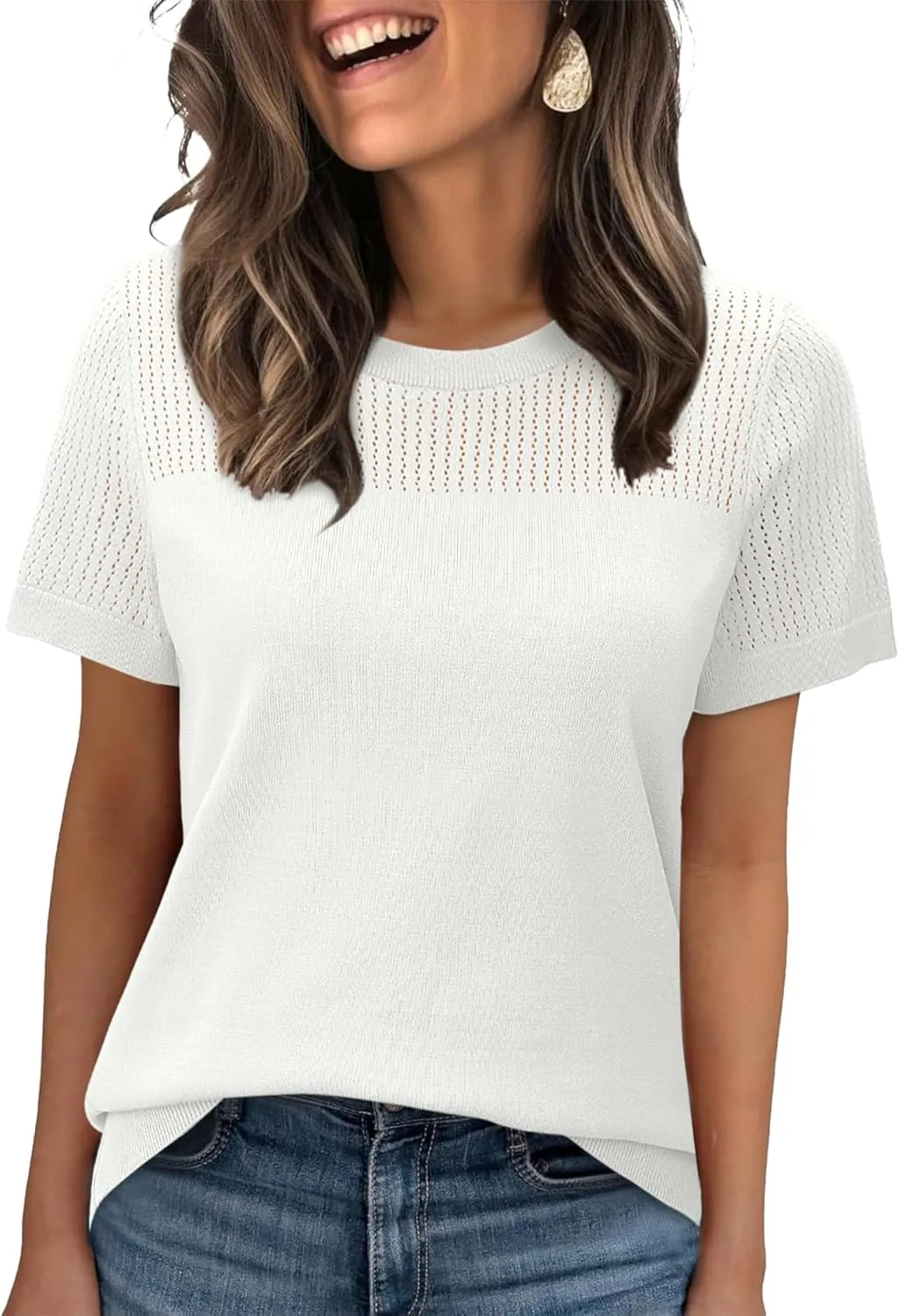 WIHOLL Womens Short Sleeve Sweater 2025 Spring Summer Tops Pointelle Knit Business Casual Outfits Work Blouses Clothes