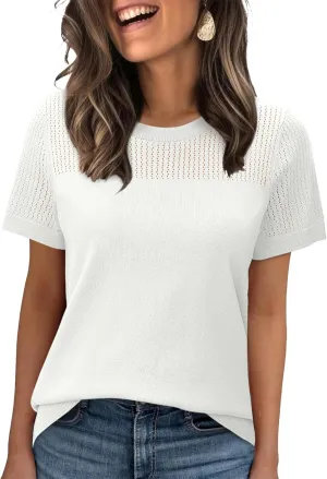 WIHOLL Womens Short Sleeve Sweater 2025 Spring Summer Tops Pointelle Knit Business Casual Outfits Work Blouses Clothes