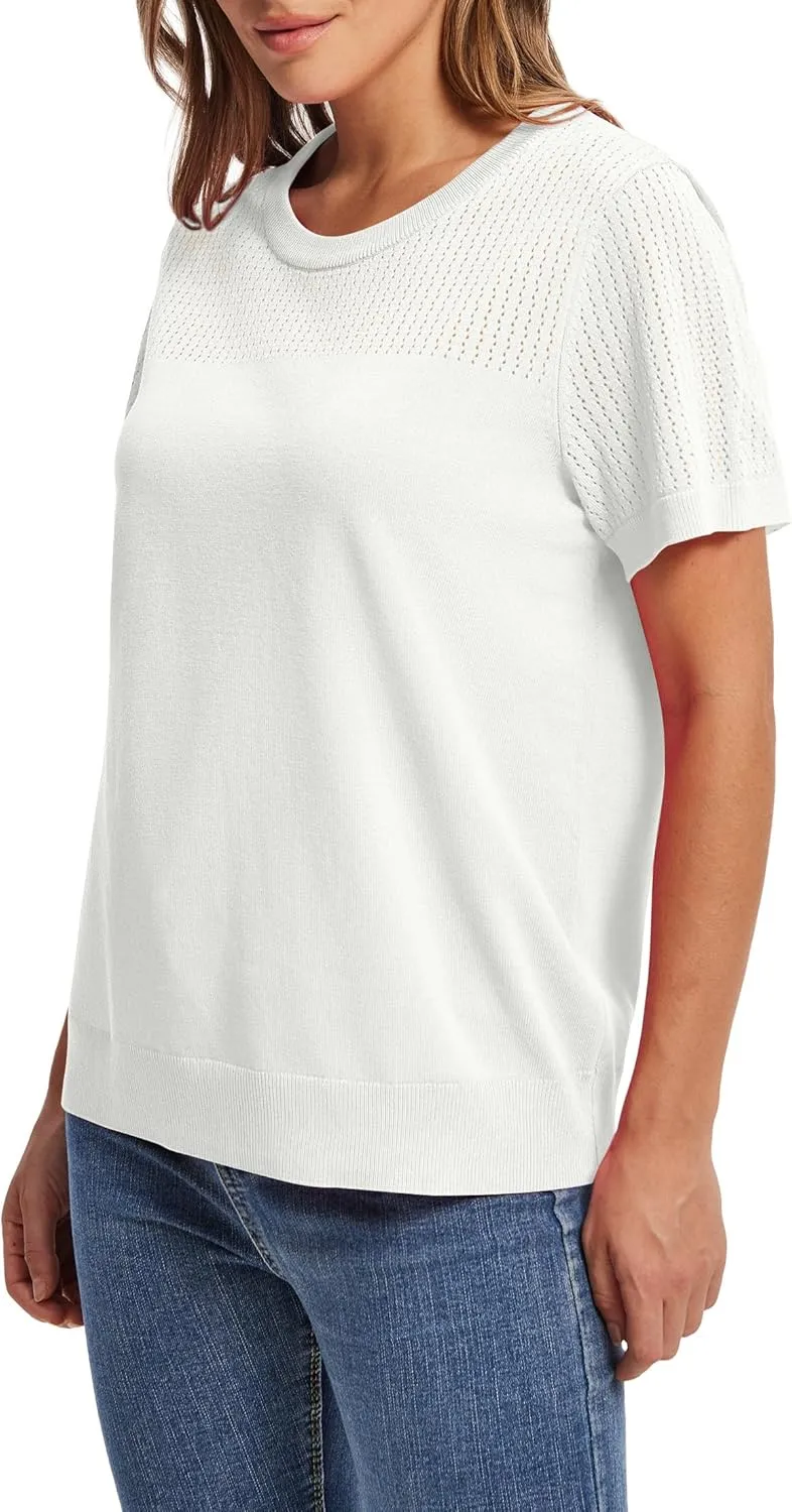 WIHOLL Womens Short Sleeve Sweater 2025 Spring Summer Tops Pointelle Knit Business Casual Outfits Work Blouses Clothes