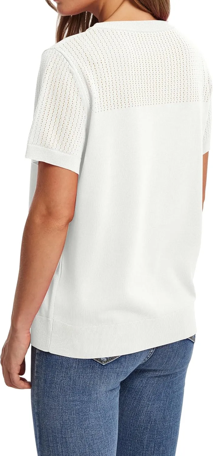 WIHOLL Womens Short Sleeve Sweater 2025 Spring Summer Tops Pointelle Knit Business Casual Outfits Work Blouses Clothes
