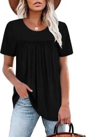WIHOLL Womens Tops Short Sleeve T Shirts Pleated Dressy Casual Round Neck Summer Clothes Outfits Blouses Loose Fit