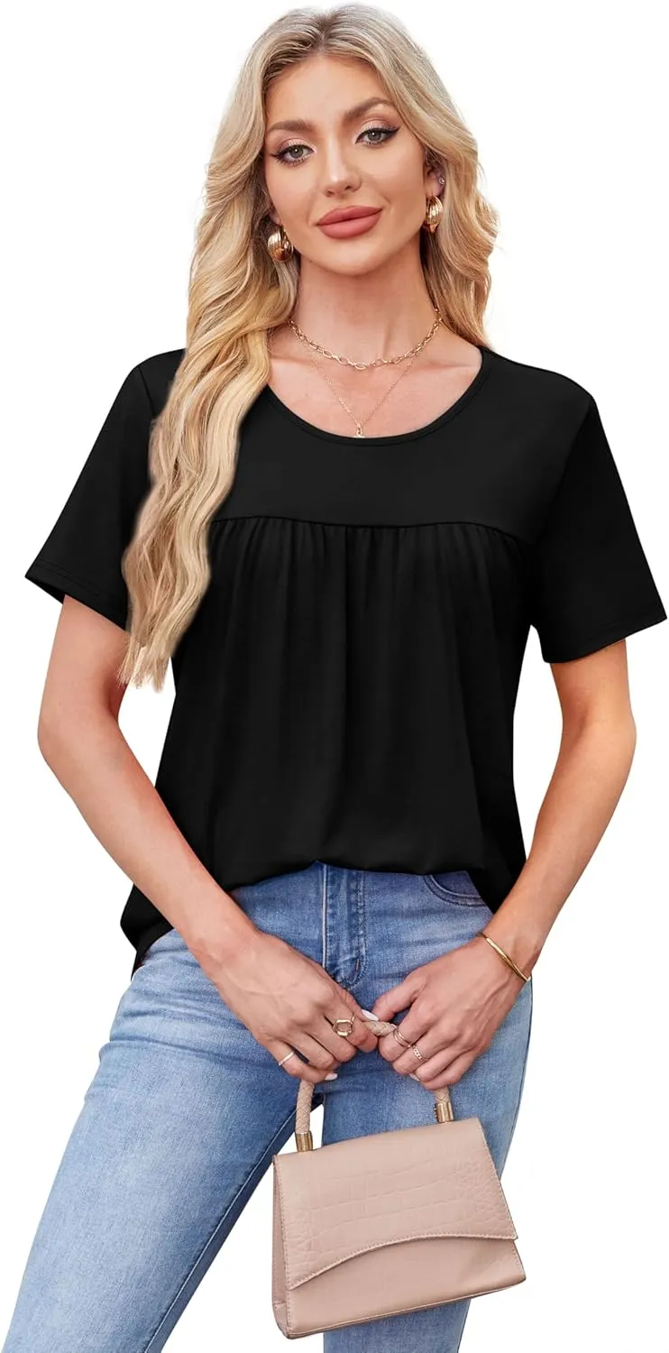WIHOLL Womens Tops Short Sleeve T Shirts Pleated Dressy Casual Round Neck Summer Clothes Outfits Blouses Loose Fit