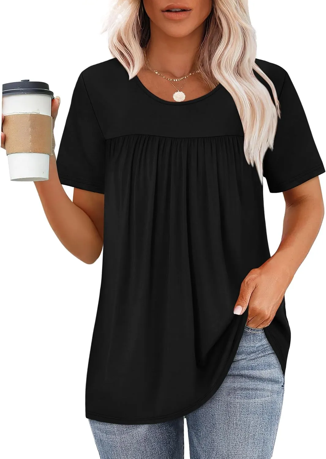 WIHOLL Womens Tops Short Sleeve T Shirts Pleated Dressy Casual Round Neck Summer Clothes Outfits Blouses Loose Fit