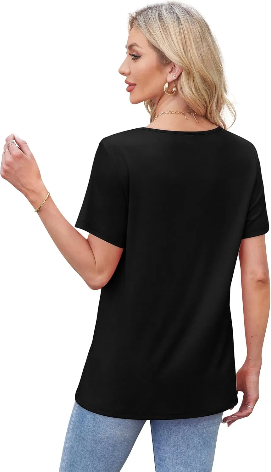 WIHOLL Womens Tops Short Sleeve T Shirts Pleated Dressy Casual Round Neck Summer Clothes Outfits Blouses Loose Fit