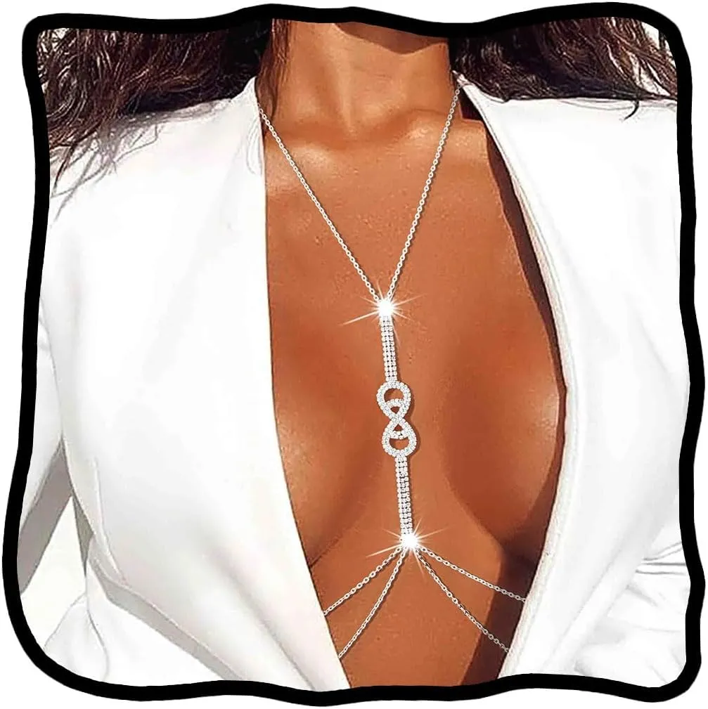 Woeoe Sparkly Rhinestone Bra Chain Silver Chest Chains Sexy Bikini Body Jewelry for Women