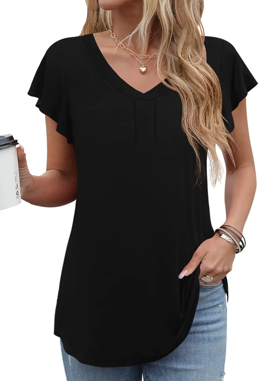 Women 2025 Summer Tops Short Sleeve T Shirts Casual V Neck Blouses Cute Loose Fit Tunic