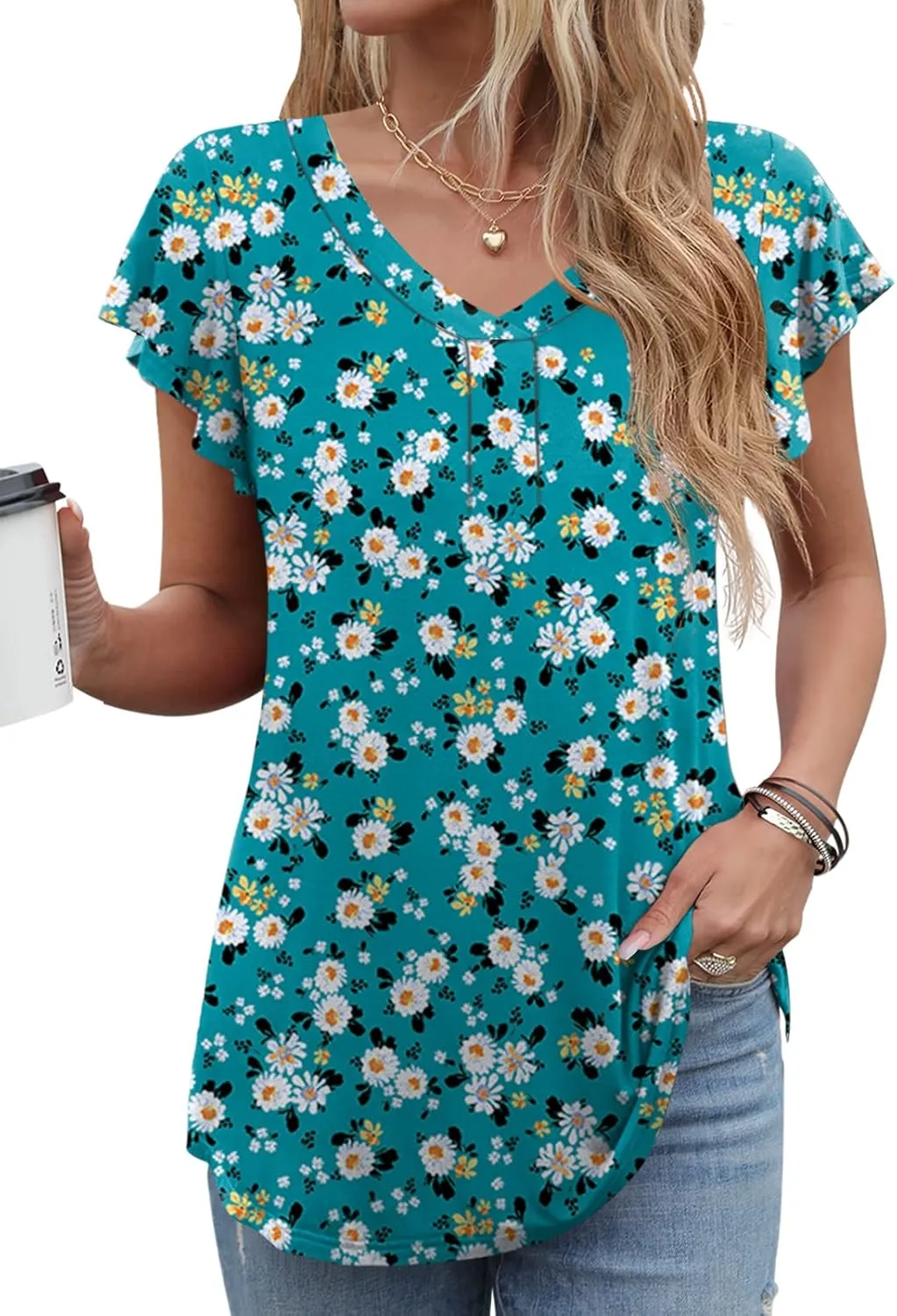 Women 2025 Summer Tops Short Sleeve T Shirts Casual V Neck Blouses Cute Loose Fit Tunic