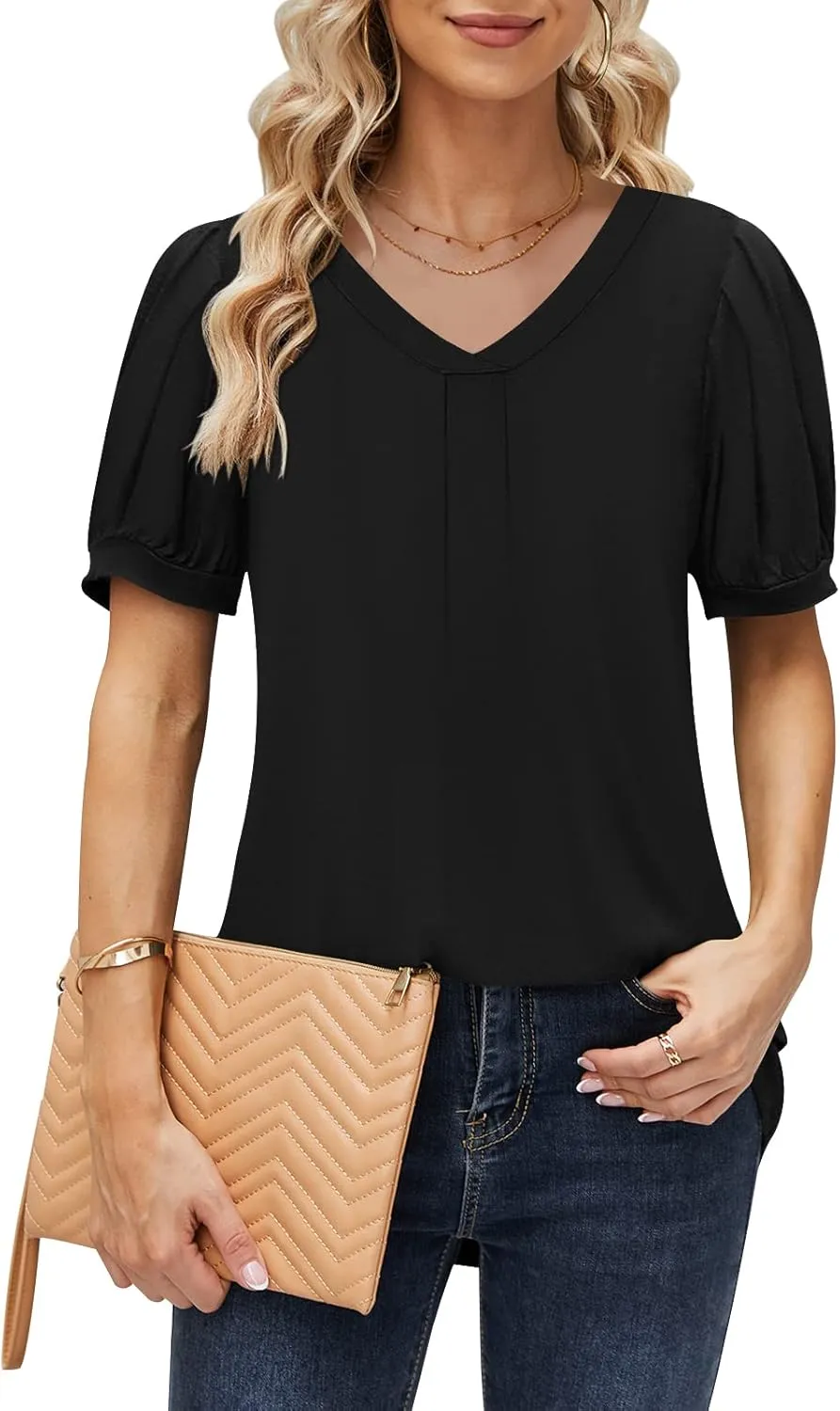 Women 2025 Summer Tops Short Sleeve T Shirts Casual V Neck Blouses Cute Loose Fit Tunic