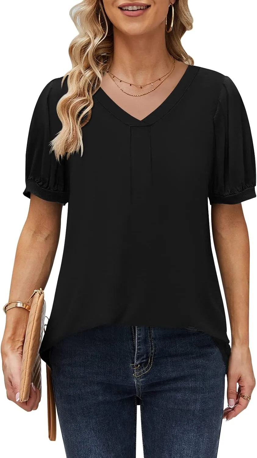 Women 2025 Summer Tops Short Sleeve T Shirts Casual V Neck Blouses Cute Loose Fit Tunic