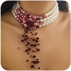 Women Boho Layered Chunky Red Dainty Pearls Choker Necklaces for Women