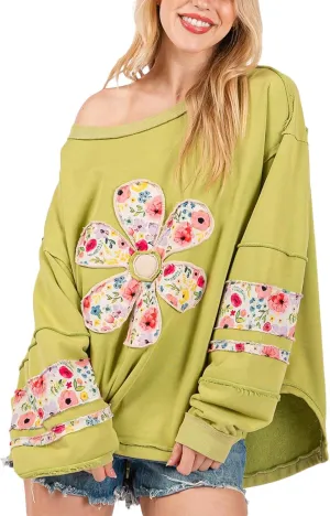 Women Floral Oversized Sweatshirts Long Sleeve Crewneck Graphic Print Hoodies Pullover Tops Y2k Fall Fashion