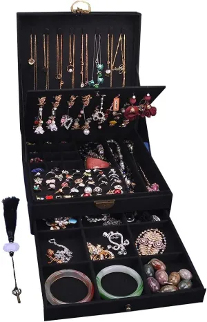 Women Jewelry Box Lockable 3 Layers Large Jewelry Organizer Storage Case for Earrings Necklaces Rings Bracelets,Green Display Jewel Holder (Black)