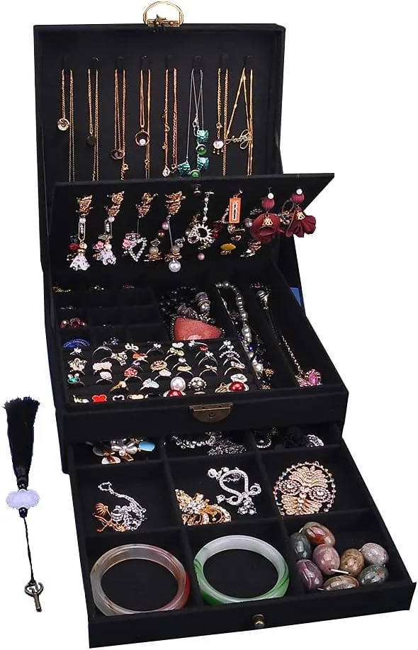 Women Jewelry Box Lockable 3 Layers Large Jewelry Organizer Storage Case for Earrings Necklaces Rings Bracelets,Green Display Jewel Holder (Black)