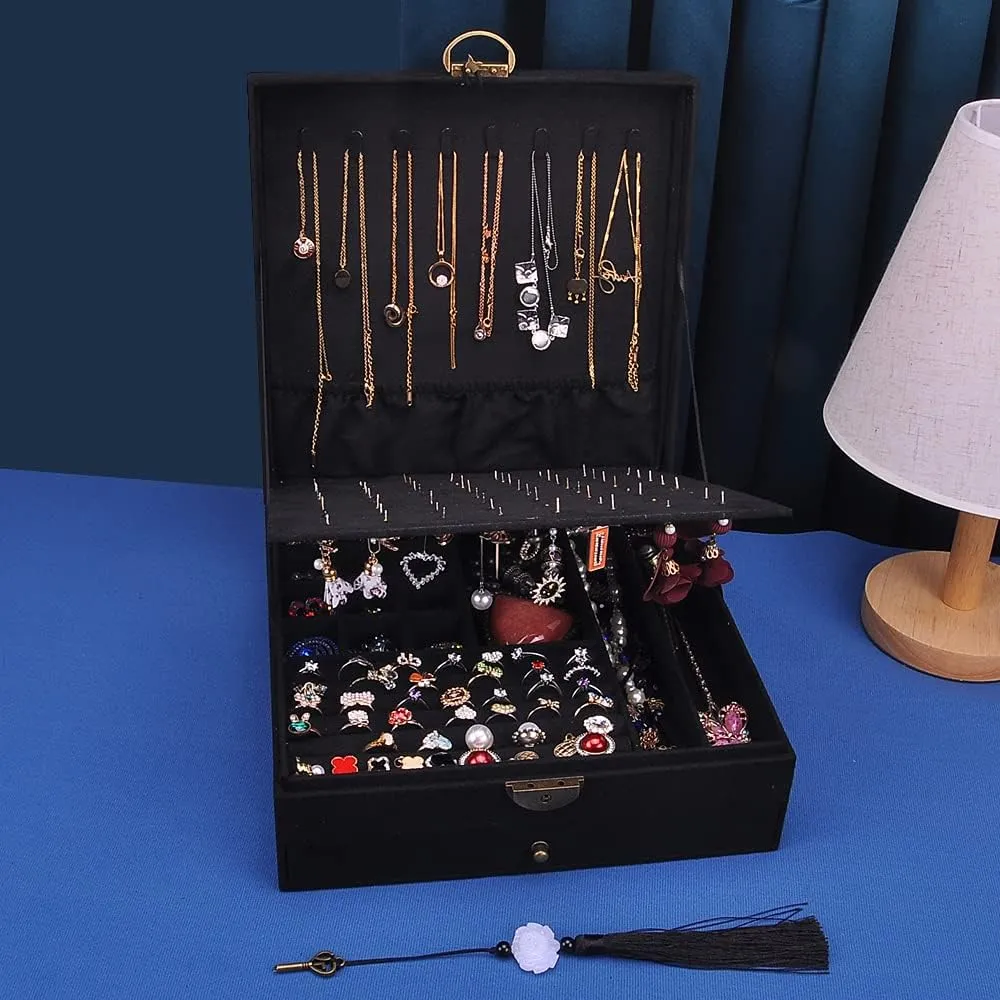 Women Jewelry Box Lockable 3 Layers Large Jewelry Organizer Storage Case for Earrings Necklaces Rings Bracelets,Green Display Jewel Holder (Black)