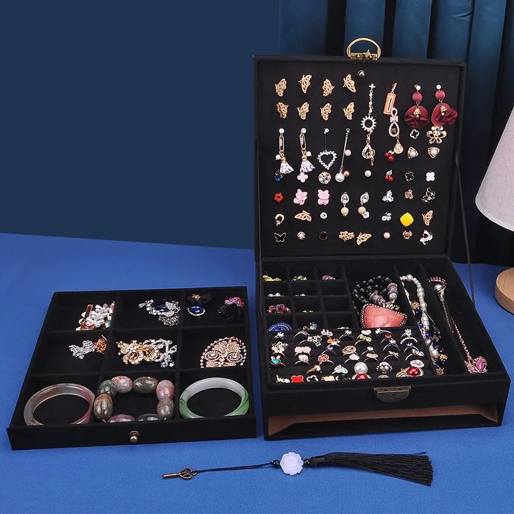 Women Jewelry Box Lockable 3 Layers Large Jewelry Organizer Storage Case for Earrings Necklaces Rings Bracelets,Green Display Jewel Holder (Black)