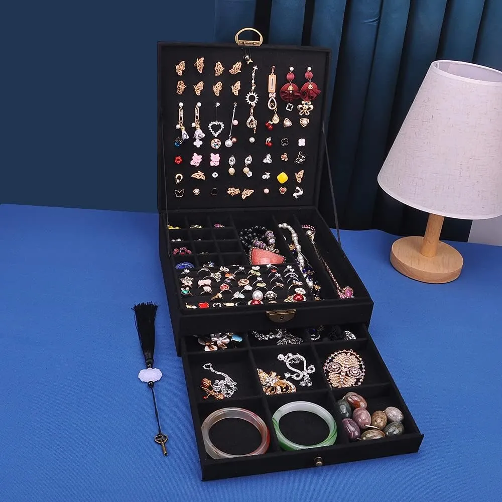 Women Jewelry Box Lockable 3 Layers Large Jewelry Organizer Storage Case for Earrings Necklaces Rings Bracelets,Green Display Jewel Holder (Black)