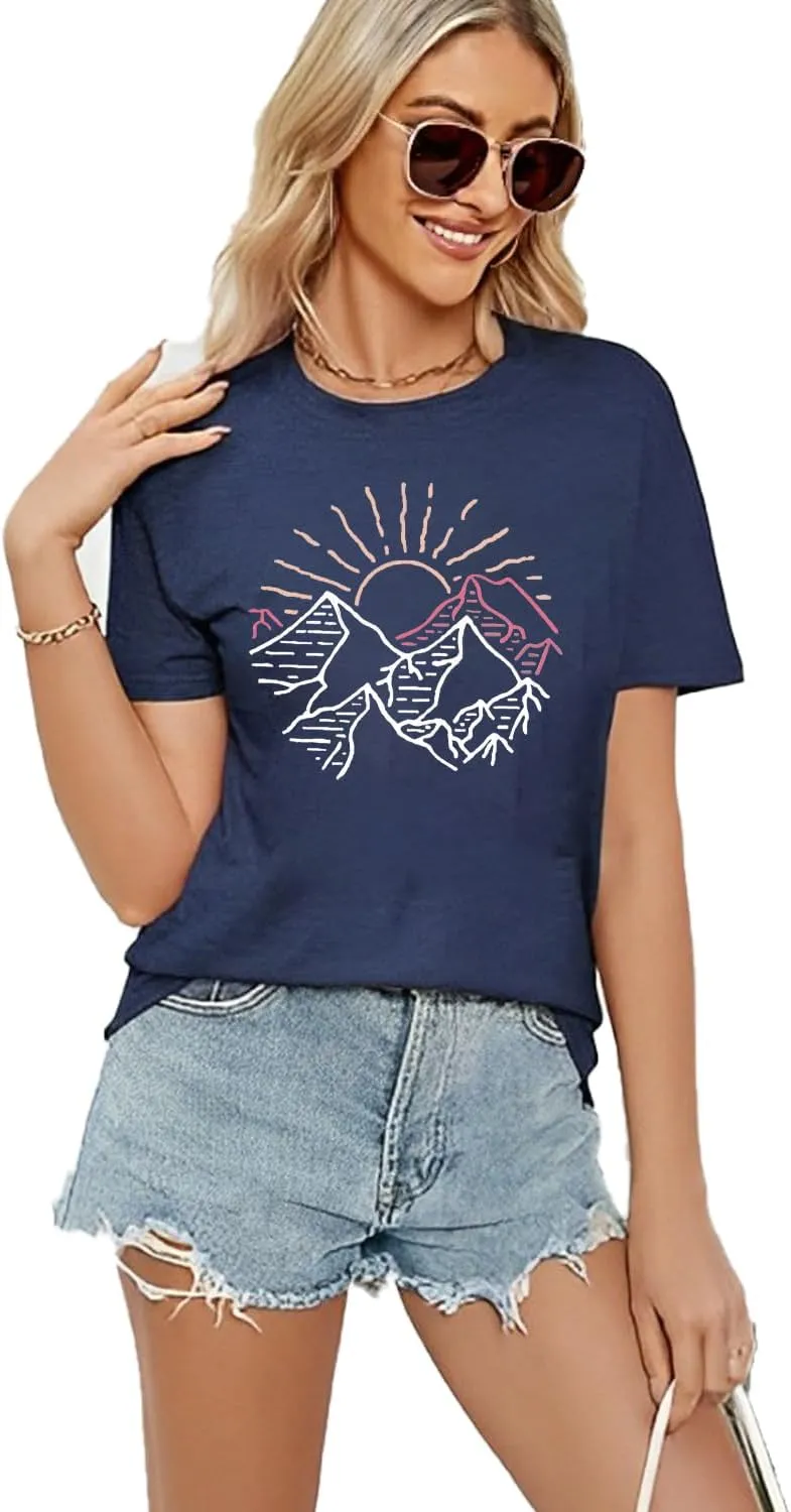 Women Mountain Shirts and So The Adventure Begins Tshirt Sunshine Moon Nature Pine Graphic Tees Heart Let's Go Find It Top