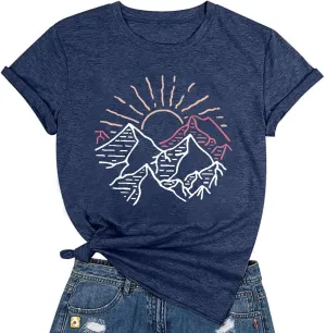 Women Mountain Shirts and So The Adventure Begins Tshirt Sunshine Moon Nature Pine Graphic Tees Heart Let's Go Find It Top