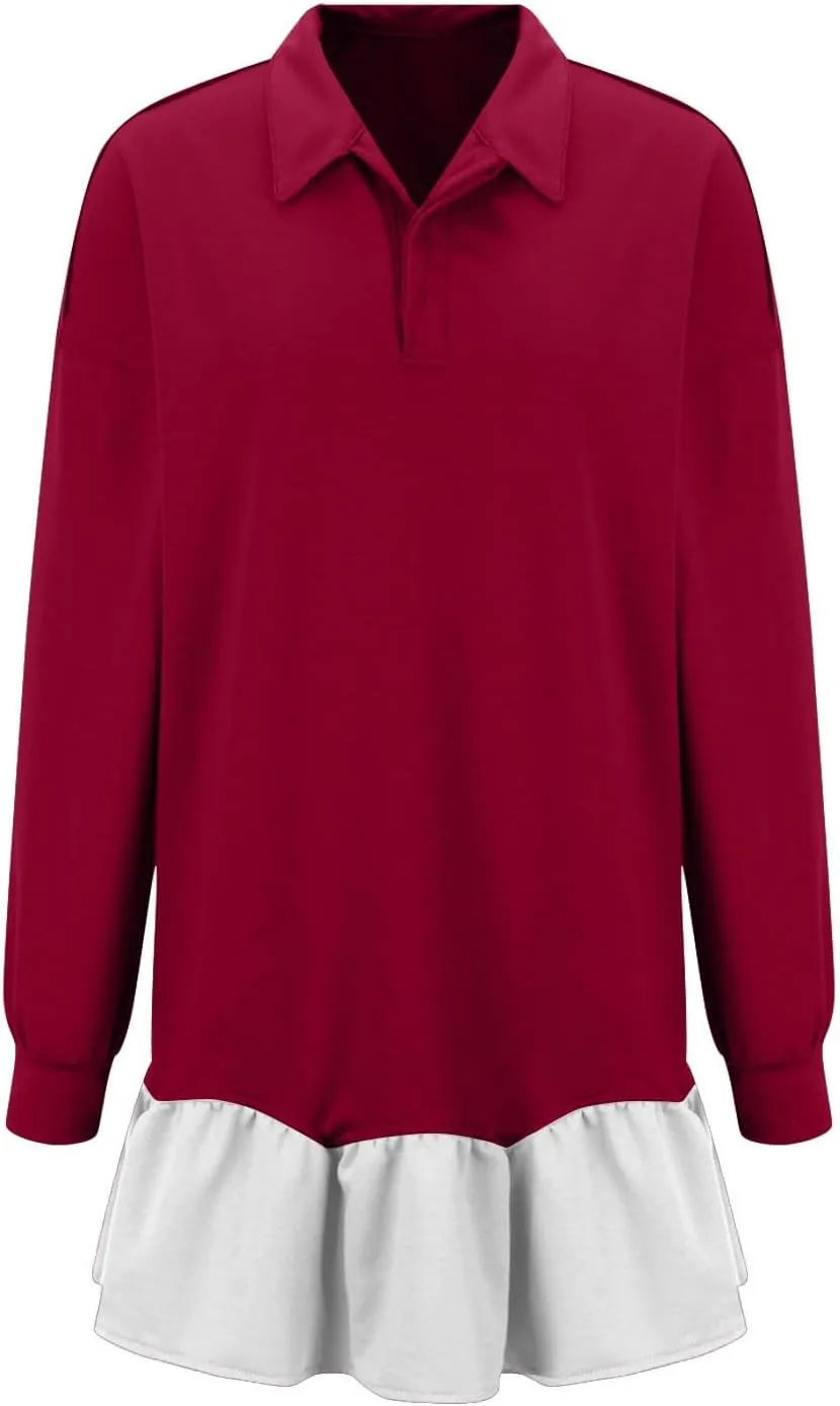 Women Oversized Sweatshirt Dress Collared Pleated Sweatshirt Dresses Casual Flowy Long Sleeve Swing Mini Dresses