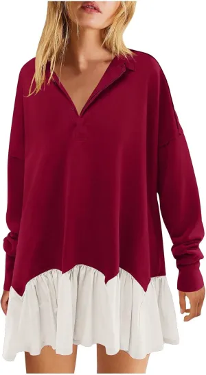 Women Oversized Sweatshirt Dress Collared Pleated Sweatshirt Dresses Casual Flowy Long Sleeve Swing Mini Dresses
