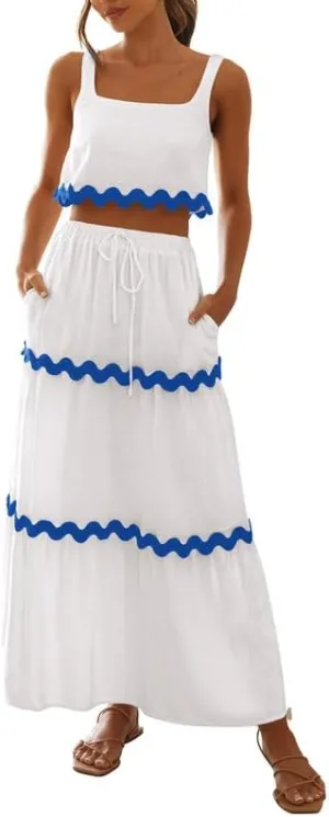 Women Sexy Two Piece Maxi Skirt Set Sleeveless Cropped Tank Tops and Long Skirt Summer Vacation Beach Outfits