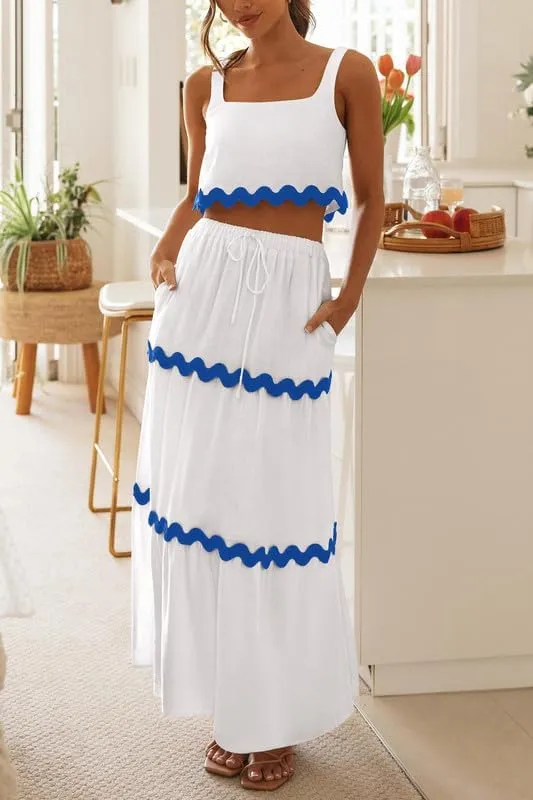 Women Sexy Two Piece Maxi Skirt Set Sleeveless Cropped Tank Tops and Long Skirt Summer Vacation Beach Outfits