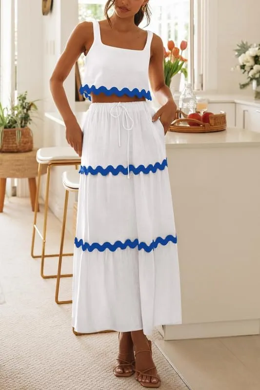Women Sexy Two Piece Maxi Skirt Set Sleeveless Cropped Tank Tops and Long Skirt Summer Vacation Beach Outfits