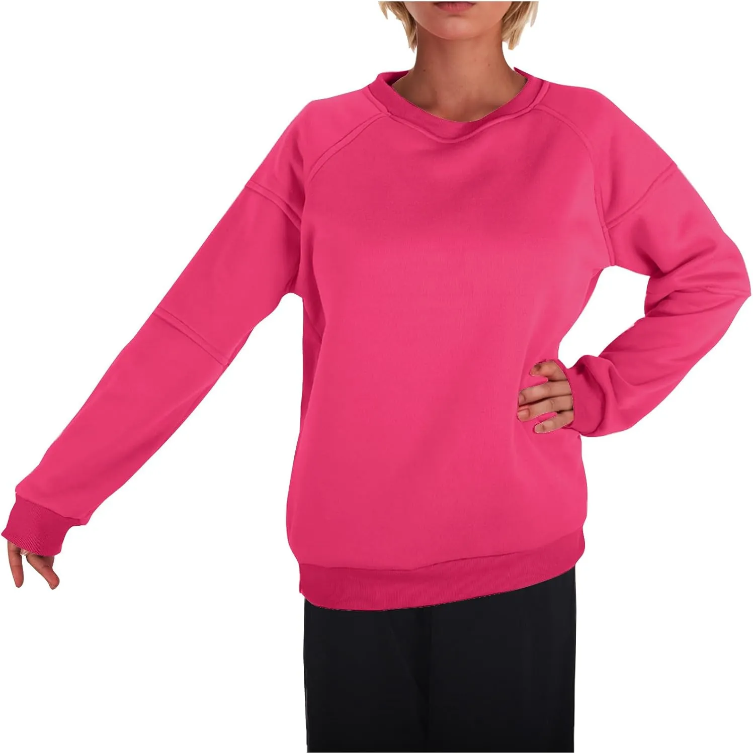Women Solid Color Fashion Sweatshirts Round Neck Long Sleeve Hoodie Hooded Fleece Pullover Tops Fall Casual Blouses