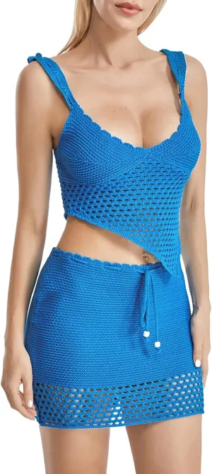 Women Summer 2 Piece Outfits Sleeveless 3D Flower Crop Tank Top High Waist Ruffles Mini Wrapped Skirt Set