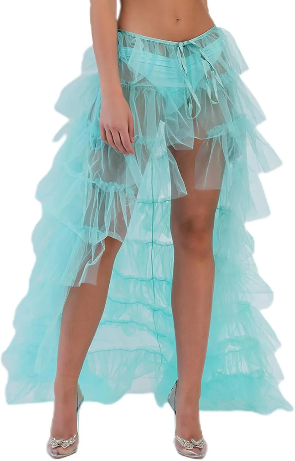 Women Tulle Maxi Skirt Sexy Sheer Mesh High Low Waist Irregular Long Skirts Cocktail Party Club Split Skirt