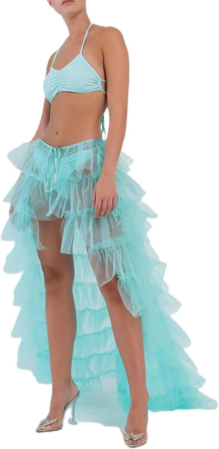 Women Tulle Maxi Skirt Sexy Sheer Mesh High Low Waist Irregular Long Skirts Cocktail Party Club Split Skirt