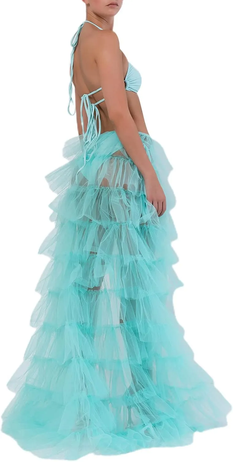 Women Tulle Maxi Skirt Sexy Sheer Mesh High Low Waist Irregular Long Skirts Cocktail Party Club Split Skirt