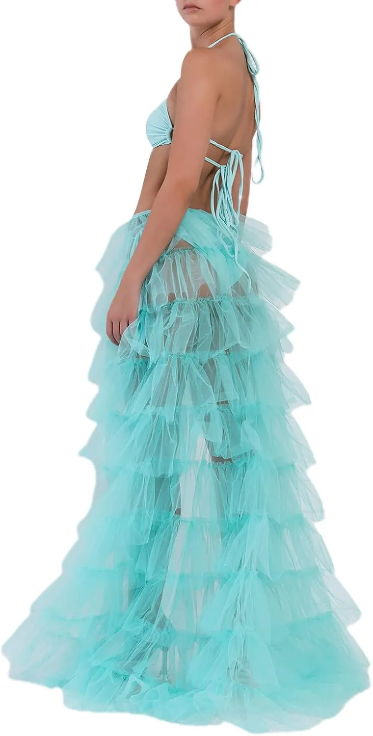 Women Tulle Maxi Skirt Sexy Sheer Mesh High Low Waist Irregular Long Skirts Cocktail Party Club Split Skirt