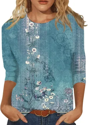 Womens 3/4 Length Sleeve Tops Crew Neck Shirts Casual Trendy Floral Print Blouses Tunic Spring Summer Top
