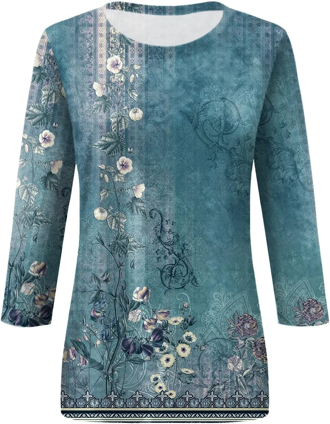 Womens 3/4 Length Sleeve Tops Crew Neck Shirts Casual Trendy Floral Print Blouses Tunic Spring Summer Top