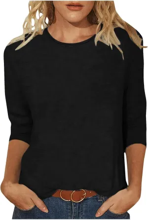 Womens 3/4 Length Sleeve Tops Solid Color Dressy Blouses Trendy Casual Crew Neck T Shirt