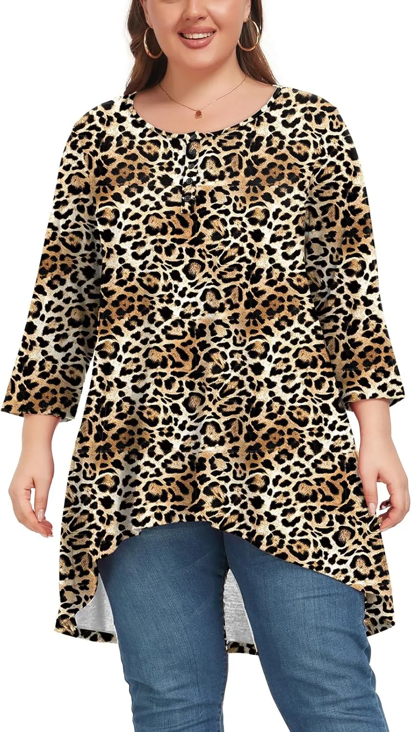 Women's 3/4 Sleeve Plus Size Top Work Business Casual Tunic Shirts Henley Button up Blouses