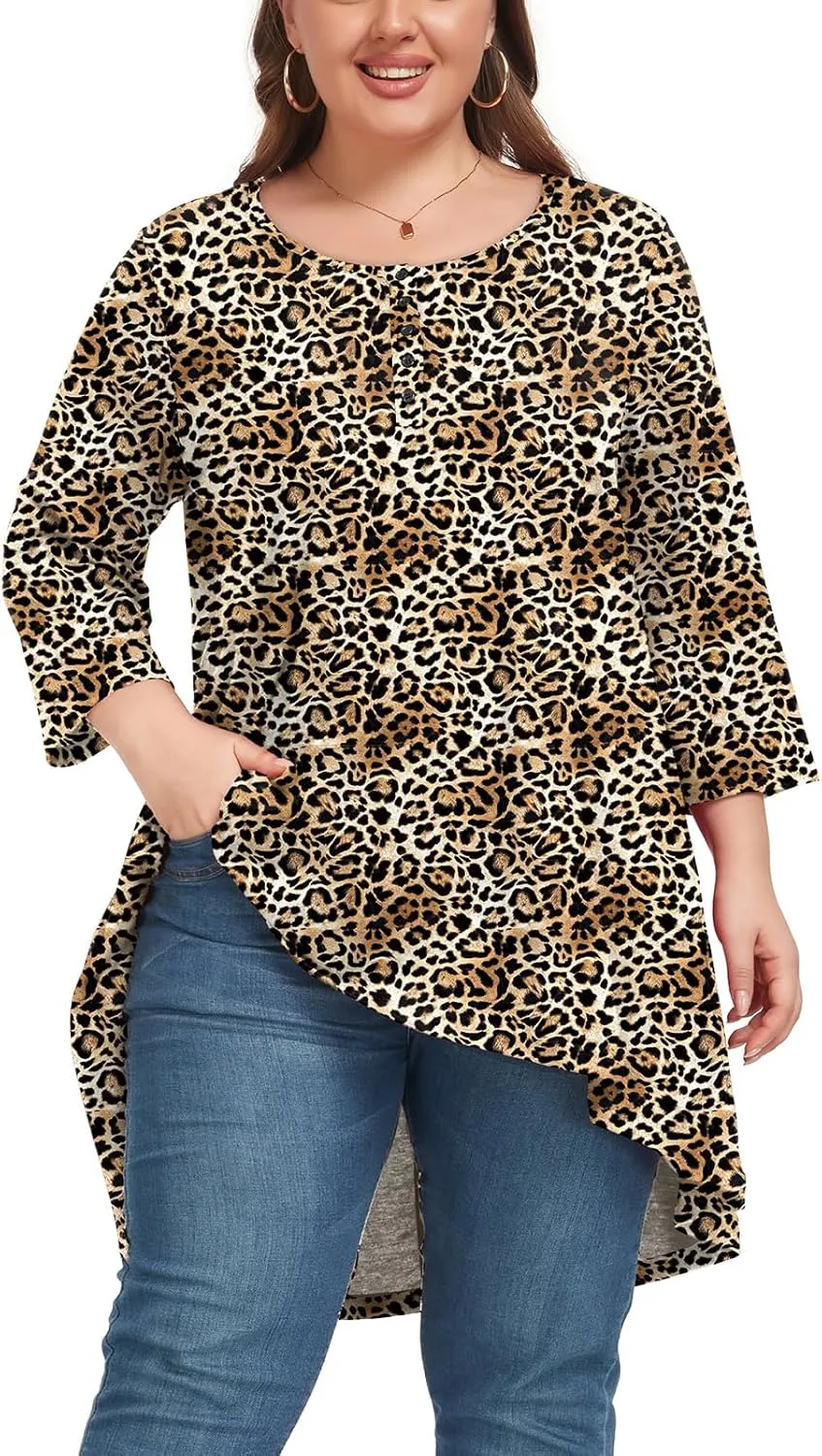 Women's 3/4 Sleeve Plus Size Top Work Business Casual Tunic Shirts Henley Button up Blouses